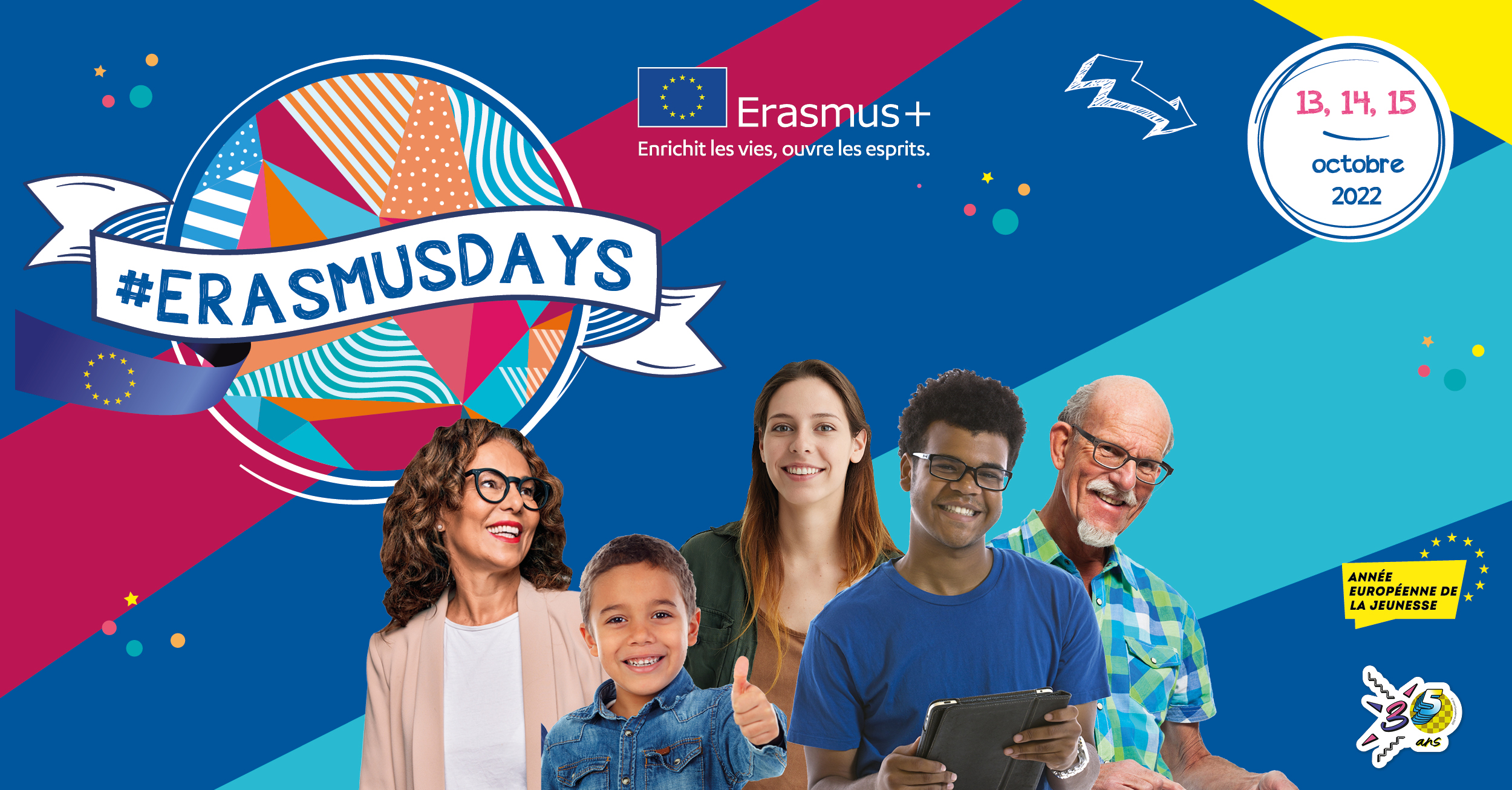 Visuel des Erasmus days du 13 au 15 octobre 2022 avec des visages d&#039;enfants, de jeunes, de seniors
