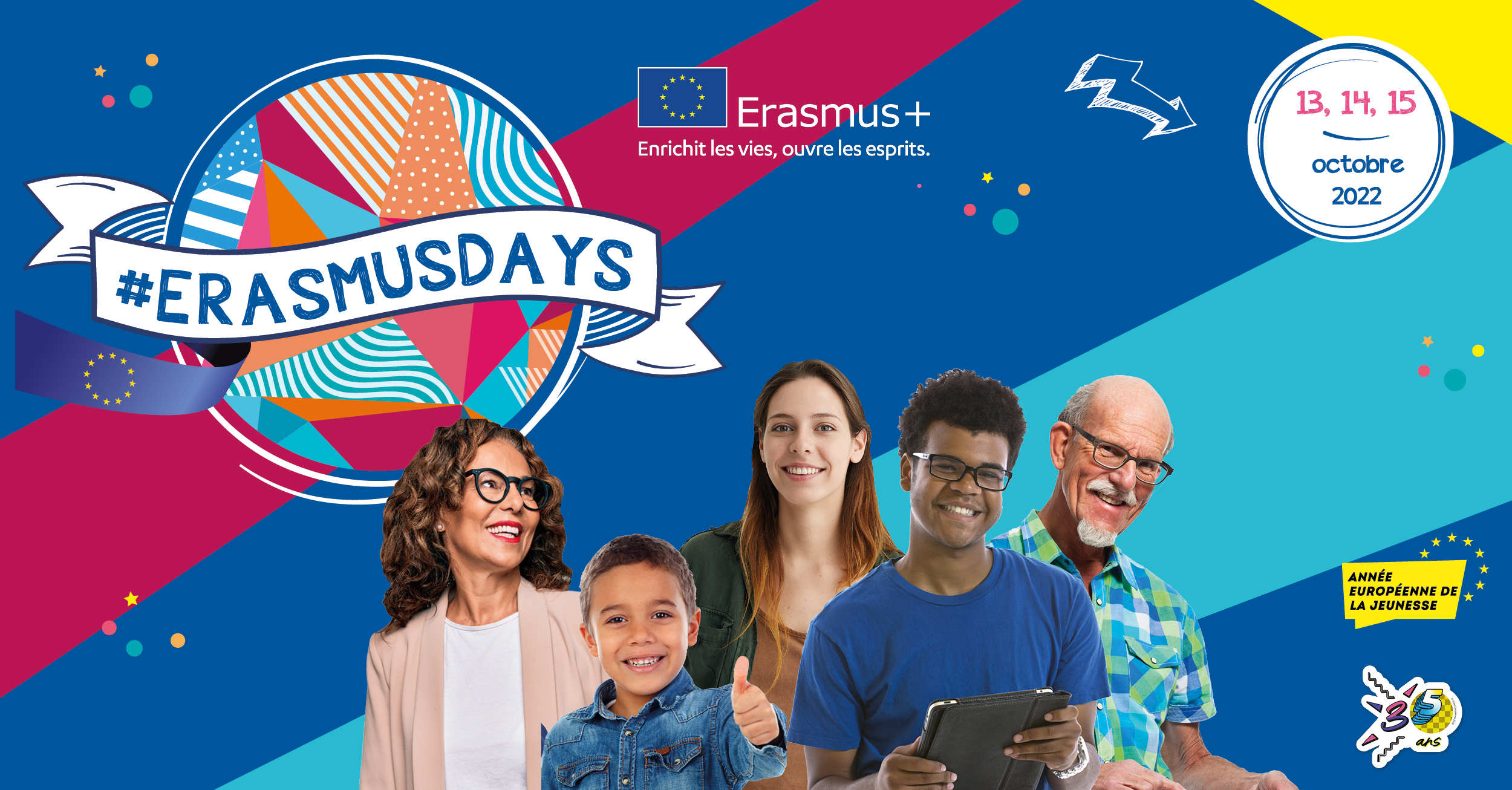Visuel des Erasmus days du 13 au 15 octobre 2022 avec des visages d'enfants, de jeunes, de seniors