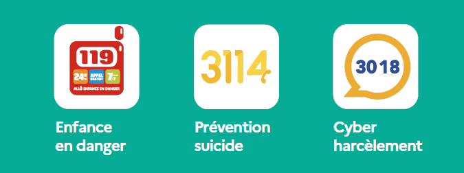 Appelle le 119 Enface en danger ou le 3114 Prévention suicide ou le 3018 en cas de cyberharcèlement