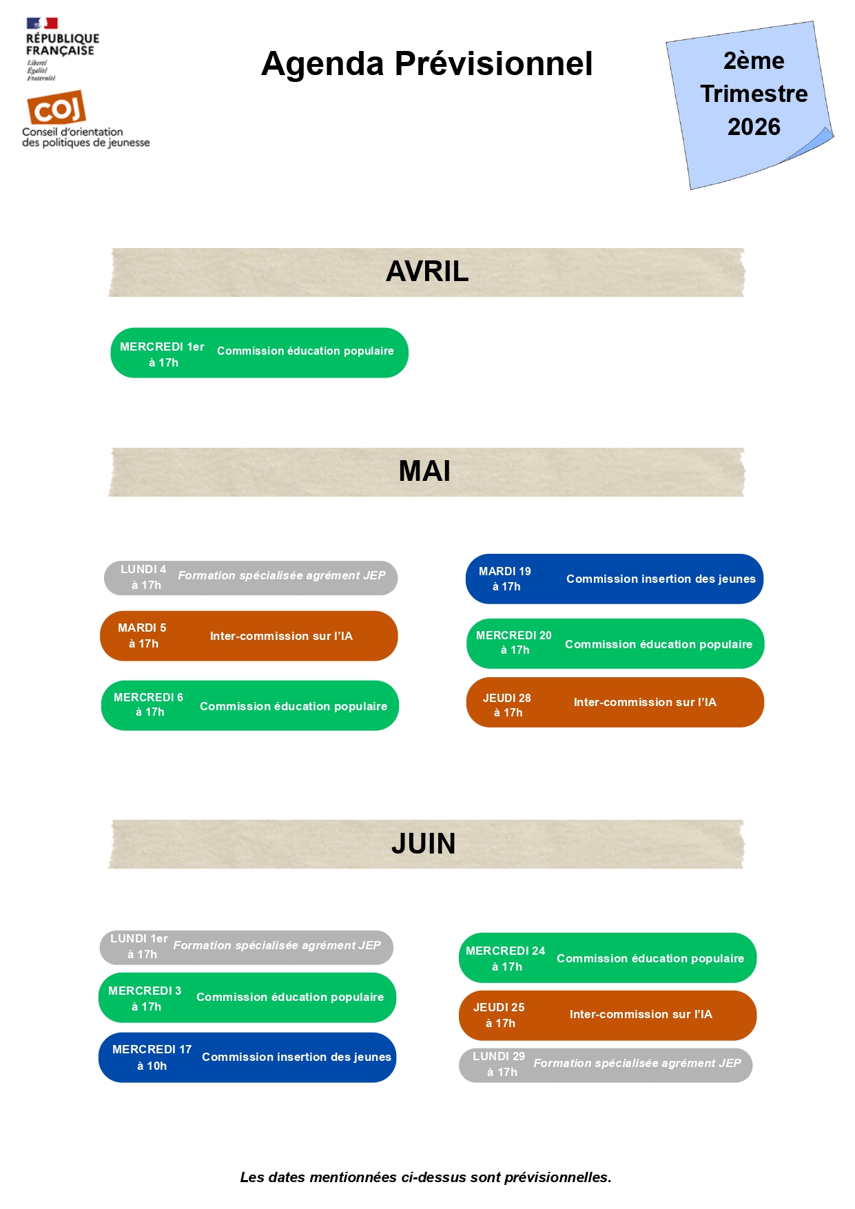 Agenda prévisionnel du COJ pour le deuxième trimestre 2026